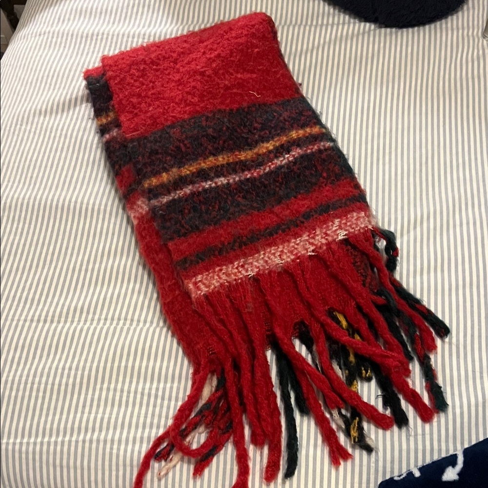 Hollister Red and Black Striped Fringe Scarf